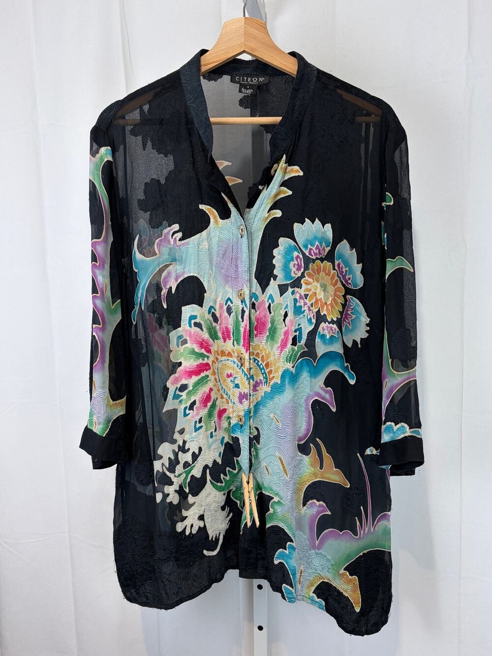 CITRON Santa Monica Silk Floral Button Front Tunic Top Black Multicolor 1X 1